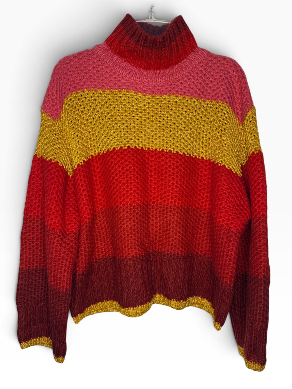 FARM Rio Shiny Stripes Knit Sweater Pink Gold Red Striped Turtleneck Small